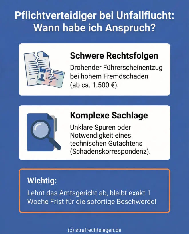 Infografik: Die drei wichtigsten Voraussetzungen und Fristen für einen Pflichtverteidiger bei Unfallflucht. Gezeigt werden schwere Rechtsfolgen wie der Führerscheinentzug, komplexe Sachlagen wie unklare Spuren und die strenge Ein-Wochen-Frist bei gerichtlicher Ablehnung.