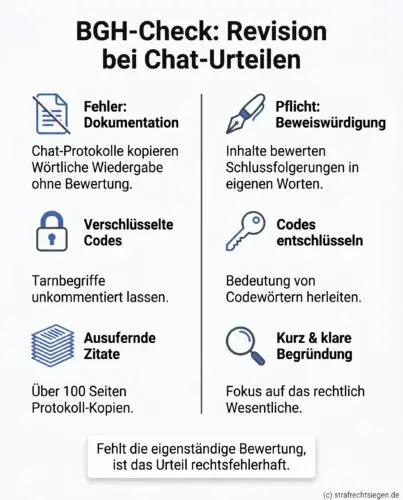 Infografik: Der BGH-Check zur Revision bei Chat-Urteilen zeigt den Gegensatz zwischen der fehlerhaften bloßen Dokumentation von Protokollen und der rechtlich geforderten eigenständigen Beweiswürdigung sowie Entschlüsselung von Codewörtern.