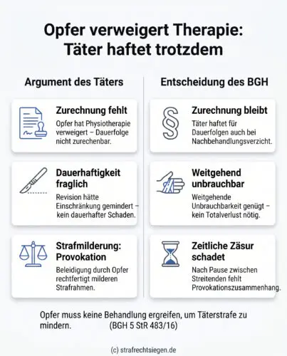 Infografik: Gegenüberstellung der Täter-Argumentation und der BGH-Entscheidung zur strafrechtlichen Zurechnung bei verweigerter Heilbehandlung des Opfers.