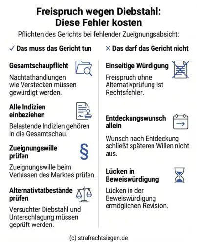 Infografik: Die Pflichten des Gerichts bei fehlender Zueignungsabsicht im Strafrecht. Dargestellt werden notwendige Schritte wie die Gesamtschau von Nachtathandlungen und die Prüfung von Alternativtatbeständen wie versuchtem Diebstahl oder Unterschlagung, um revisionsfeste Urteile zu gewährleisten.