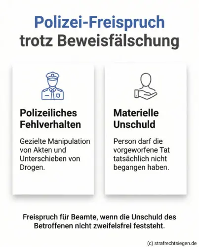 Infografik: Gegenüberstellung zur Verfolgung Unschuldiger nach § 344 StGB. Sie zeigt, dass ein Freispruch für Polizeibeamte trotz Beweismanipulation erfolgt, wenn die materielle Unschuld des Betroffenen nicht zweifelsfrei feststeht.