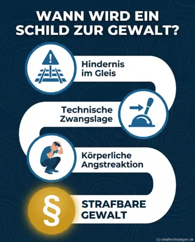 Infografik: Logikkette der Nötigung – Vom Hindernis im Gleis über die Schnellbremsung bis zur strafbaren Gewalt.