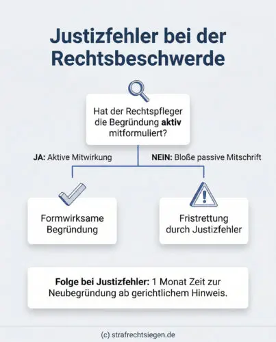 Infografik: Die Wirksamkeit einer Rechtsmittelbegründung erfordert die aktive Mitgestaltung durch den Rechtspfleger; bei rein passiver Mitschrift liegt ein Justizfehler vor, der eine einmonatige Wiedereinsetzungsfrist ermöglicht.