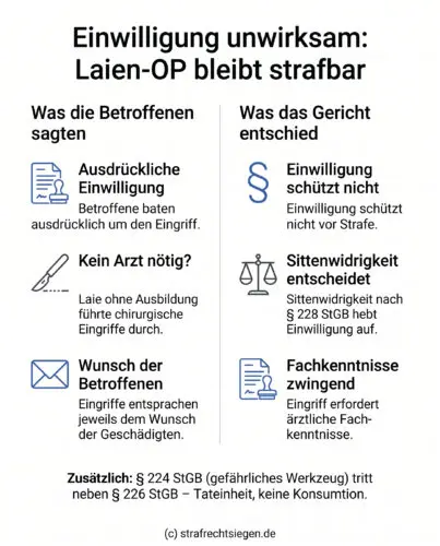 Infografik: Chirurgische Eingriffe durch medizinische Laien sind trotz Einwilligung der Betroffenen strafbar, da sie gemäß § 228 StGB sittenwidrig sind.
