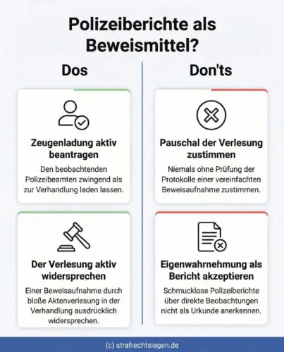 Infografik: Verteidigungsstrategie gegen die unzulässige Verlesung von Polizeiberichten in der Hauptverhandlung, unterteilt in empfohlene Handlungen wie die aktive Beantragung von Zeugenladungen und das Widersprechen der Aktenverlesung.