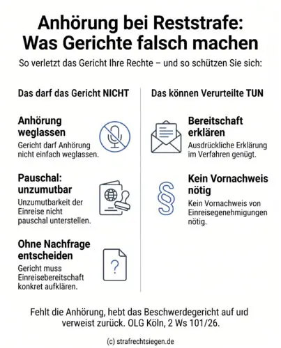 Infografik: Die zwingende mündliche Anhörung vor einer Reststrafenaussetzung und die Aufklärungspflicht des Gerichts bei Auslandsaufenthalt des Verurteilten.