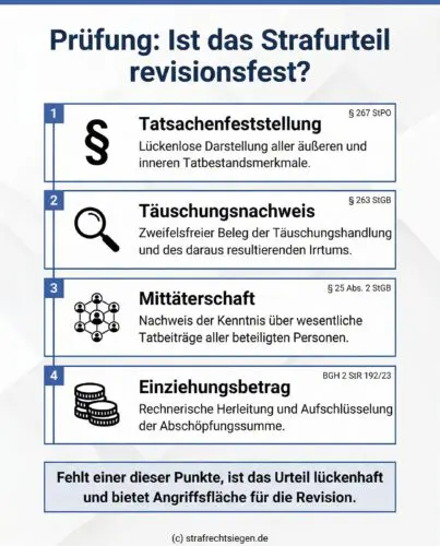 Infografik zur Revisionsprüfung: Checkliste der BGH-Anforderungen an Tatsachen, Täuschung, Mittäterschaft und Einziehung.