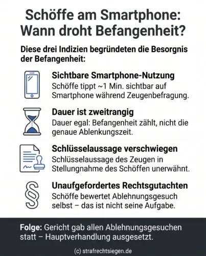 Infografik: Die Smartphone-Nutzung eines Schöffen während der Beweisaufnahme sowie das Verschweigen von Zeugenaussagen und unaufgeforderte Rechtsbewertungen in der Stellungnahme begründen die Besorgnis der Befangenheit.