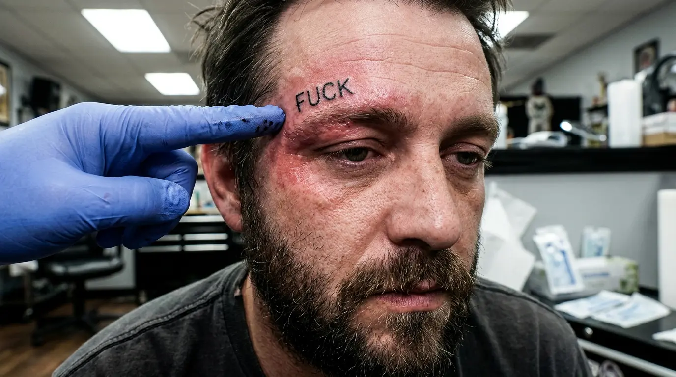 Mann mit frischer „Fuck“-Tätowierung über der Augenbraue, gerötete Haut und betroffener Gesichtsausdruck.