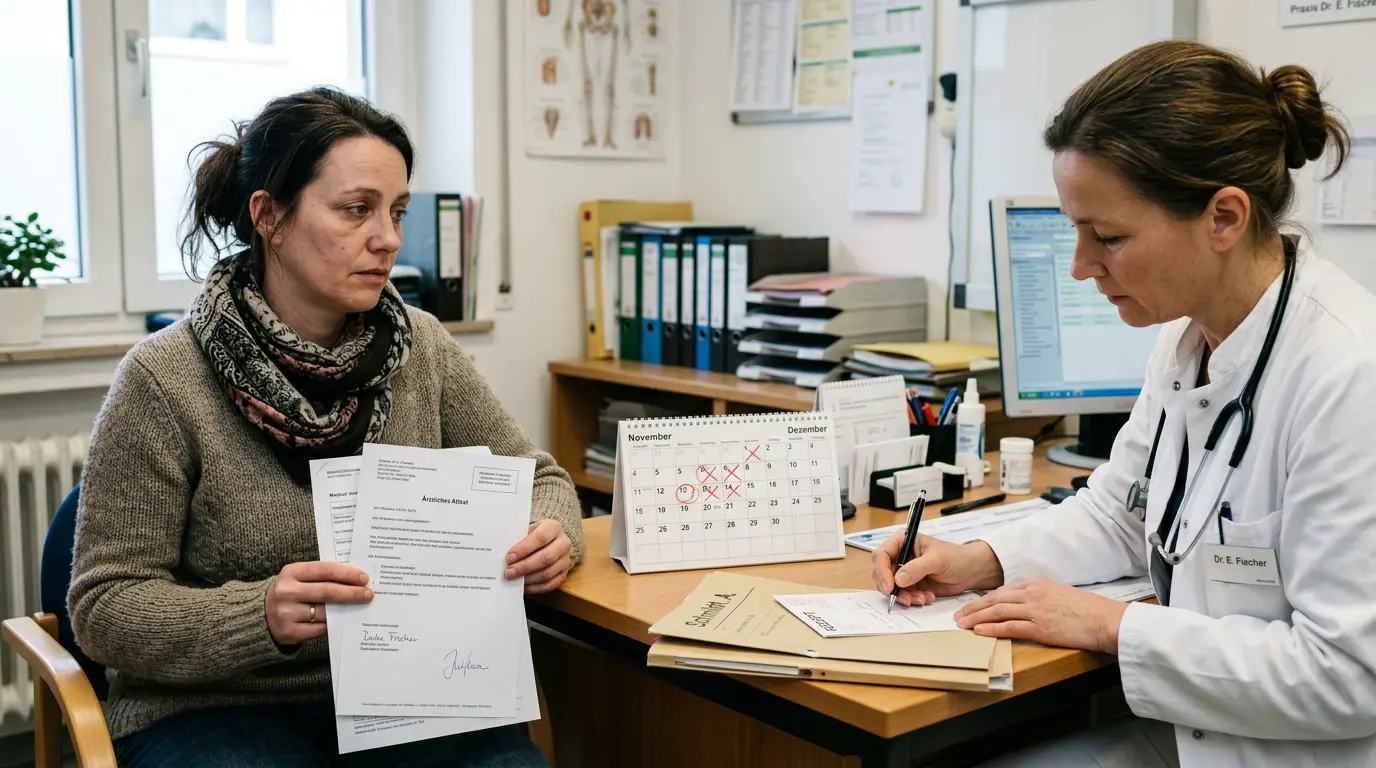 Frau in Arztpraxis hält ärztliches Attest, auf dem Tisch liegt ein Kalender mit markierten Monaten.