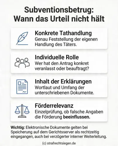 Infografik: Die strengen Anforderungen an die Urteilsgründe bei Subventionsbetrug sowie die Regelung zum rechtzeitigen elektronischen Fristeingang bei Gericht.