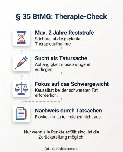 Infografik: Rechtliche Hürden für 'Therapie statt Strafe' gemäß § 35 BtMG, inklusive der Voraussetzungen zur Reststrafe, Suchtursächlichkeit beim Schwergewicht und der Beweislast.
