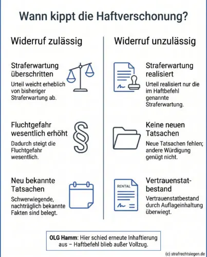 Infografik: Gegenüberstellung der Voraussetzungen für den Widerruf einer Haftverschonung nach einem erstinstanzlichen Urteil gemäß OLG Hamm.