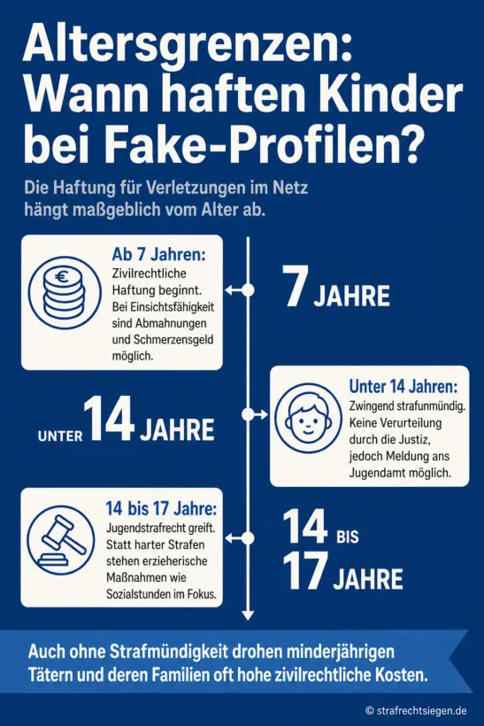 Infografik: Haftung von Kindern bei Fake-Profilen nach Altersstufen ab 7 und 14 Jahren.