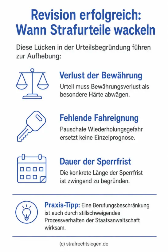 Infografik: Die Revisionsgründe bei Strafurteilen, insbesondere die Begründungspflichten bei Bewährungsverlust und der Sperrfrist für die Fahrerlaubnis.