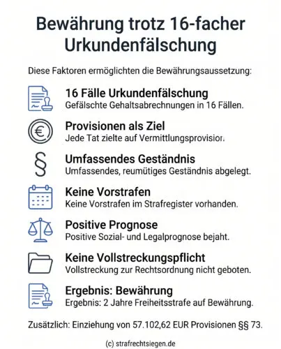 Infografik: Voraussetzungen für eine Bewährungsaussetzung bei gewerbsmäßiger Urkundenfälschung am Beispiel von 16 Fällen gefälschter Gehaltsabrechnungen.