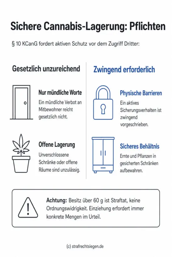 Infografik: Die gesetzliche Sicherungspflicht nach § 10 KCanG für Cannabis in der Wohnung erfordert zwingend physische Barrieren und verschlossene Behältnisse statt nur mündlicher Verbote.