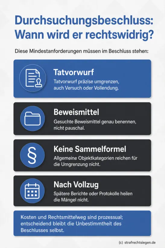 Infografik: Die Mindestanforderungen an einen Durchsuchungsbeschluss nach §§ 102, 105 StPO, wonach Tatvorwurf und Beweismittel präzise umgrenzt sein müssen und pauschale Kategorien zur Rechtswidrigkeit führen.