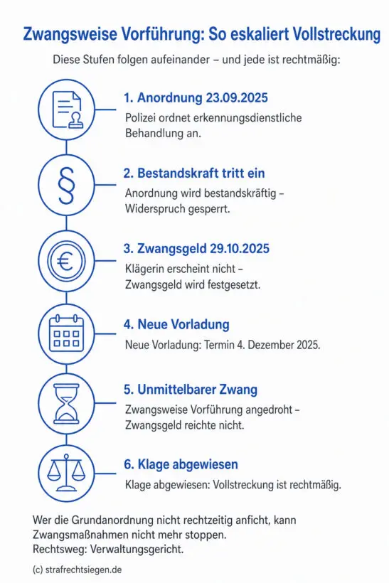 Infografik: Der zeitliche Ablauf einer Verwaltungsvollstreckung bei erkennungsdienstlicher Behandlung zeigt die Eskalation von der Anordnung über das Zwangsgeld bis zur zwangsweisen Vorführung bei Bestandskraft.