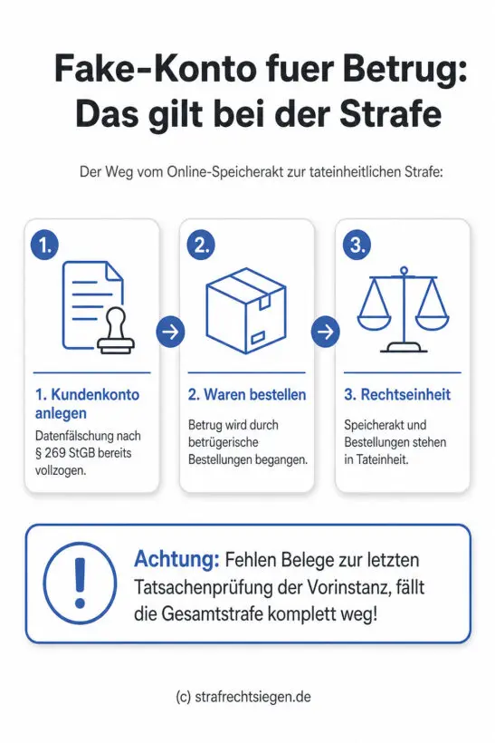 Infografik: Die rechtliche Bewertung von Identitätsdiebstahl im E-Commerce zeigt die Tateinheit zwischen der Datenfälschung bei der Kontoerstellung und dem anschließenden Betrug bei Warenbestellungen.