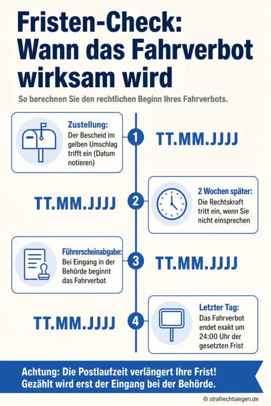 Infografik: Übersicht der Fristen und Zeitpunkte für den Beginn und das Ende eines rechtmäßigen Fahrverbots.