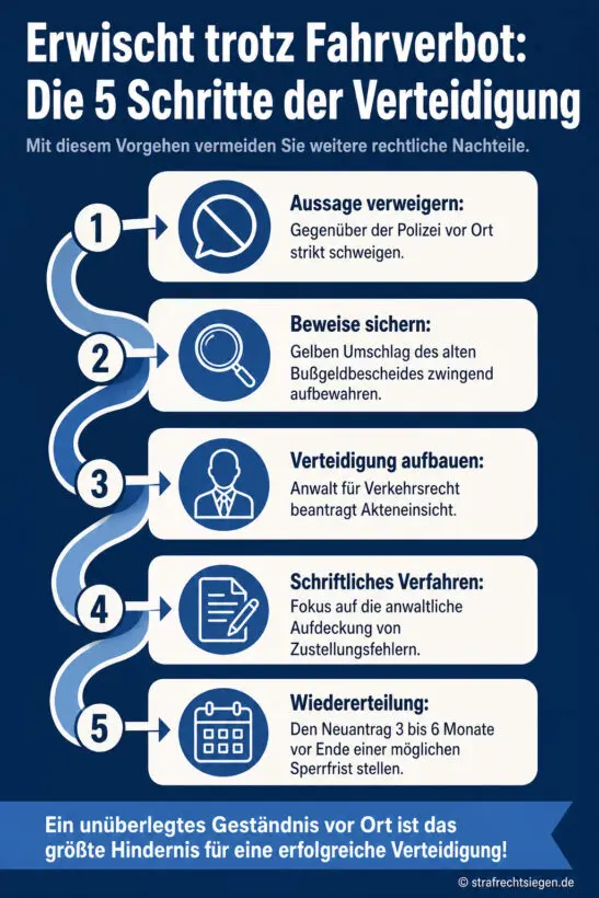 Infografik: 5-Schritte-Anleitung zur richtigen Verteidigung nach einer Kontrolle trotz bestehendem Fahrverbot.