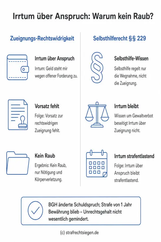 Infografik: Ein Irrtum über einen fälligen Anspruch schließt den Raubvorsatz aus, da die Zueignungsrechtswidrigkeit fehlt, selbst wenn das Selbsthilferecht die Wegnahmehandlung nicht rechtfertigt.