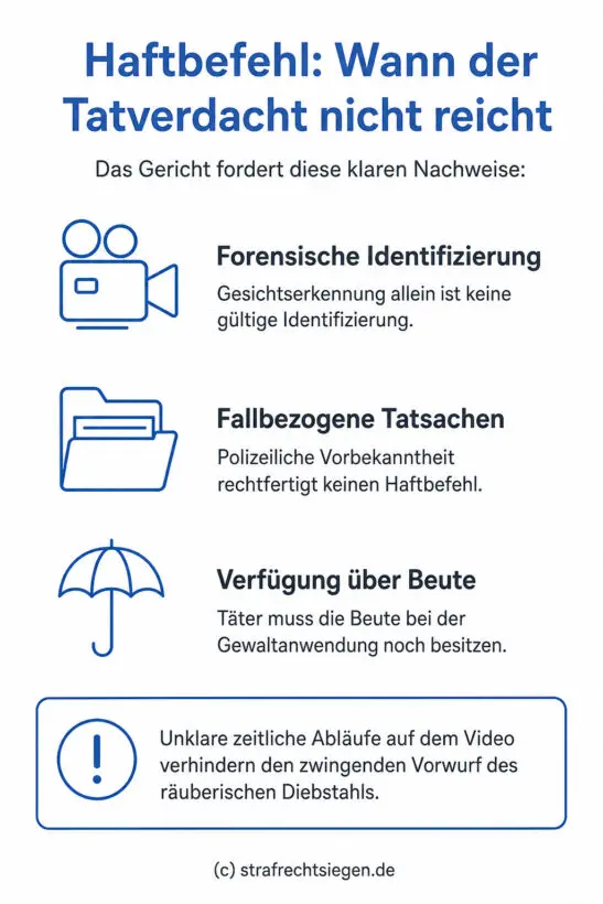 Infografik: Die Voraussetzungen für einen Haftbefehl bei räuberischem Diebstahl und warum Gesichtserkennung sowie polizeiliche Vorbekanntheit allein nicht für einen dringenden Tatverdacht ausreichen.