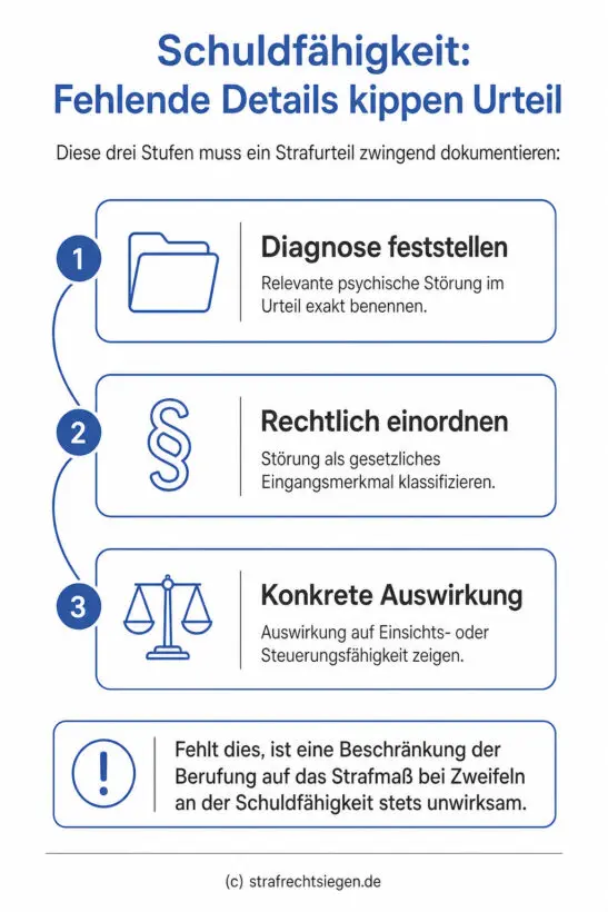 Infografik: Die drei notwendigen Prüfungsschritte eines Strafurteils zur Schuldfähigkeit gemäß §§ 20, 21 StGB zur Vermeidung einer Urteilsaufhebung.