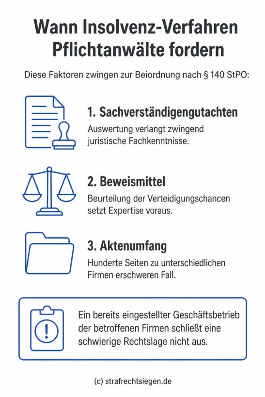 Infografik: Wann in einem Insolvenzverfahren die Beiordnung eines Pflichtverteidigers nach § 140 StPO wegen schwieriger Sach- und Rechtslage (Gutachten, Aktenumfang) zwingend erforderlich ist.
