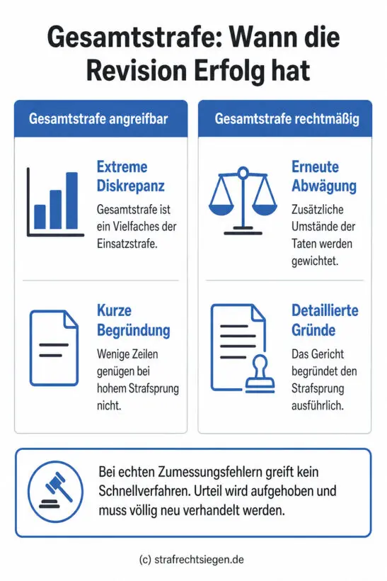 Infografik: Die Erfolgsaussichten einer Revision bei der Gesamtstrafe hängen maßgeblich von der Begründungstiefe des Gerichts ab, wenn die Strafe die höchste Einzelstrafe deutlich übersteigt.