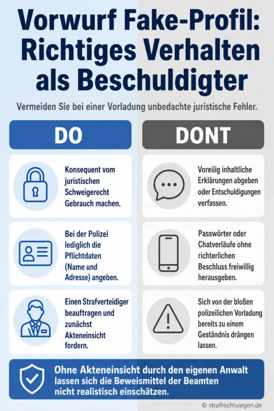 Infografik: Verhaltensregeln für Beschuldigte bei Vorwürfen zum Thema Fake-Profile.
