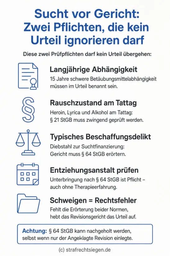Infografik: Bei langjähriger Betäubungsmittelabhängigkeit und Beschaffungsdelikt muss das Gericht zwingend die verminderte Schuldfähigkeit (§ 21 StGB) und die Unterbringung in einer Entziehungsanstalt (§ 64 StGB) prüfen; Schweigen führt zur Aufhebung des Urteils.