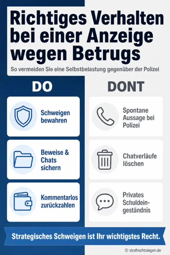 Infografik: Dos and Don'ts bei einer Betrugsanzeige – Schweigen und Beweissicherung vs. Spontanaussage und Löschen.