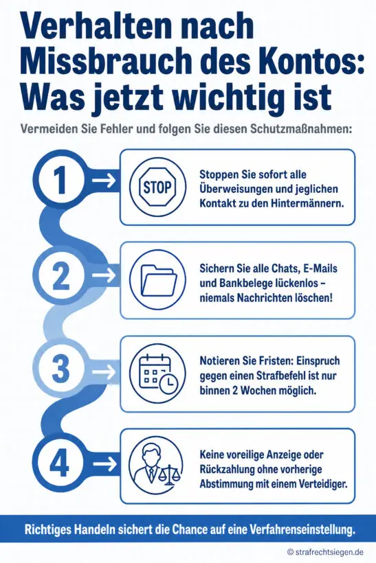 Infografik: Prozess für das richtige Verhalten nach einem Missbrauch des Bankkontos zur Vermeidung von Strafen.
