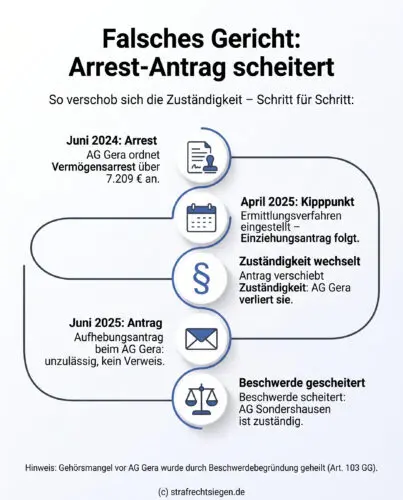 Infografik: Der zeitliche Ablauf des Zuständigkeitswechsels beim Vermögensarrest nach Stellung eines Einziehungsantrags, der zur Unzuständigkeit des ursprünglichen Gerichts führt.