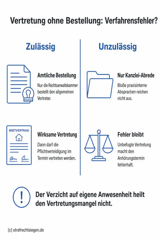 Infografik: Zulässige amtliche Vertreterbestellung durch die Rechtsanwaltskammer versus unbefugte Vertretung mit unheilbarem Verfahrensfehler – der Verzicht auf eigene Anwesenheit heilt den Mangel nicht.