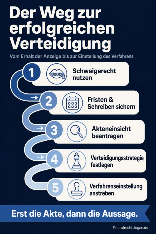 Infografik: Der prozessuale Ablauf der Strafverteidigung vom Schweigerecht bis zur Verfahrenseinstellung.