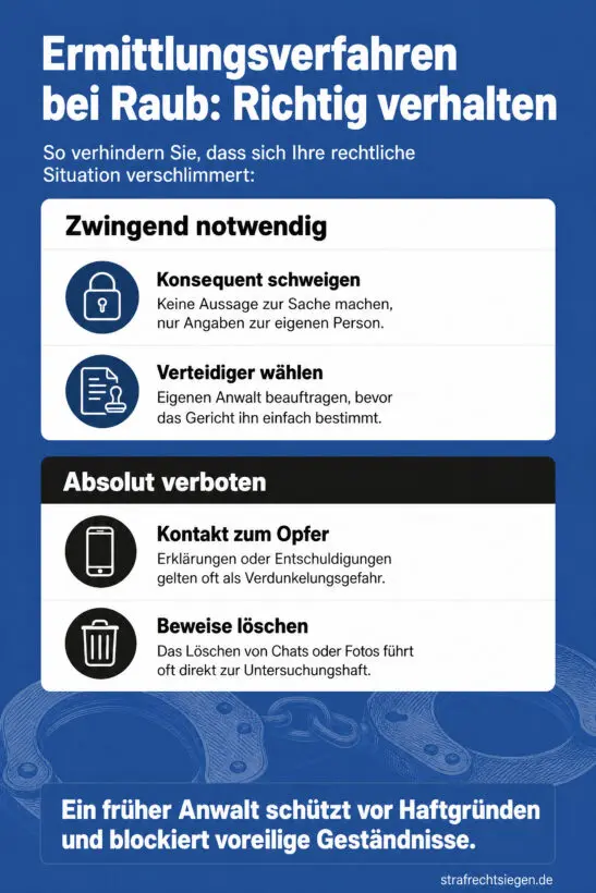 Infografik (Do's und Don'ts): Verhaltensregeln bei Raub-Ermittlungen zu Schweigen, Anwaltswahl und Beweissicherung.