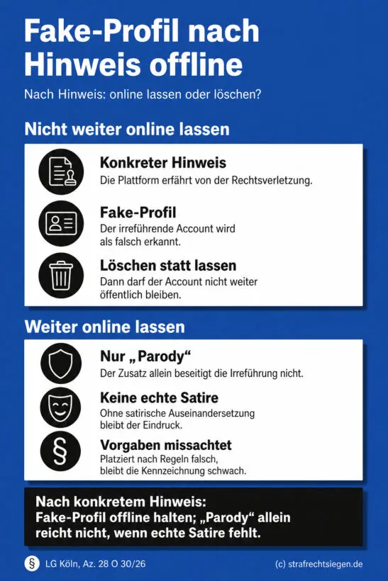 Infografik: Die Störerhaftung verpflicht Betreiber von Social-Media-Plattformen, Fake-Profile nach einem konkreten Hinweis zu löschen, wobei eine bloße Kennzeichnung als Parodie ohne echte Satire nicht ausreicht.