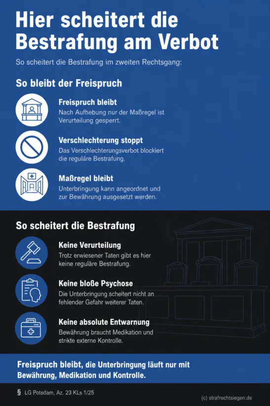 Infografik: Die prozessuale Sperrwirkung des Verschlechterungsverbots erzwingt einen Freispruch, während die psychiatrische Unterbringung unter strengen Auflagen zur Bewährung ausgesetzt werden kann.