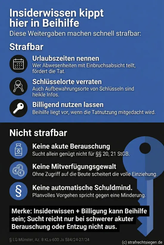 Infografik: Die Weitergabe von Haushalts-Insiderwissen bei billigender Inkaufnahme der Tatausführung begründet eine strafbare Beihilfe zum Einbruchsdiebstahl.