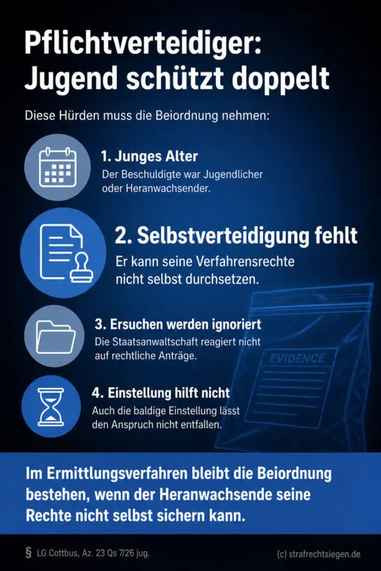 Infografik: Die Voraussetzungen für einen Pflichtverteidiger bei Jugendlichen und Heranwachsenden, insbesondere bei mangelnder Fähigkeit zur Selbstverteidigung im Ermittlungsverfahren.