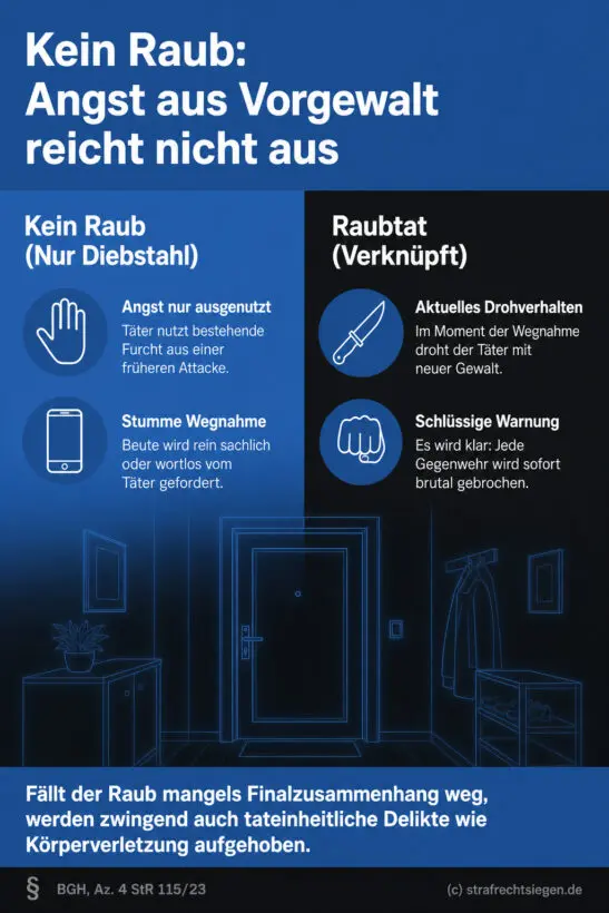 Infografik (Gegenüberstellung): Vergleich zwischen straflosem Ausnutzen von Angst und Raub mit aktuellem Drohverhalten.