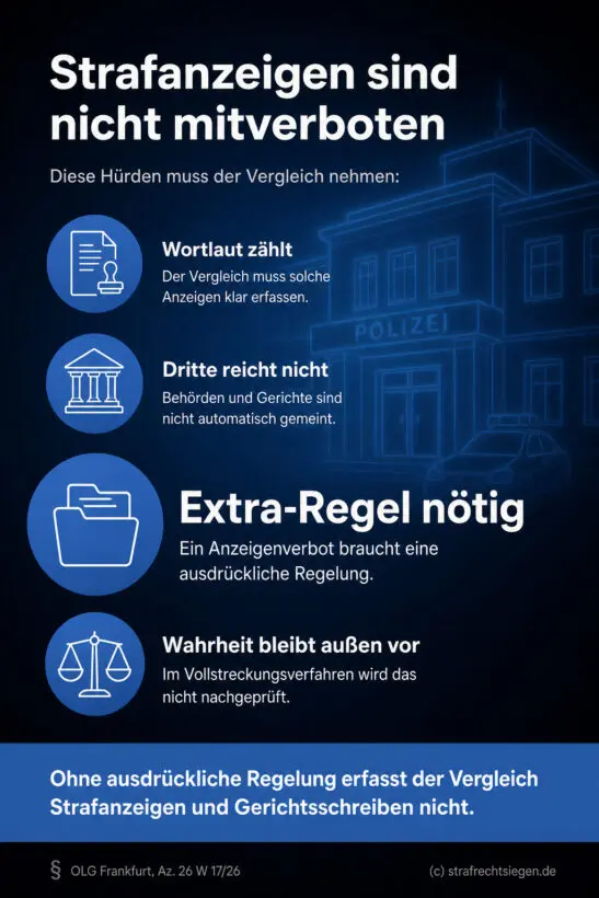 Infografik: Ein Unterlassungsvergleich verbietet Strafanzeigen bei Behörden nur dann, wenn dies ausdrücklich im Vertrag geregelt wurde.