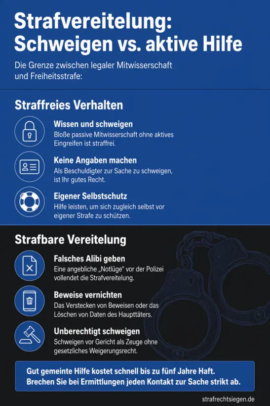 Infografik (Do's und Don'ts): Vergleich von straffreiem Verhalten wie Schweigen und strafbarer Hilfe bei Strafvereitelung.