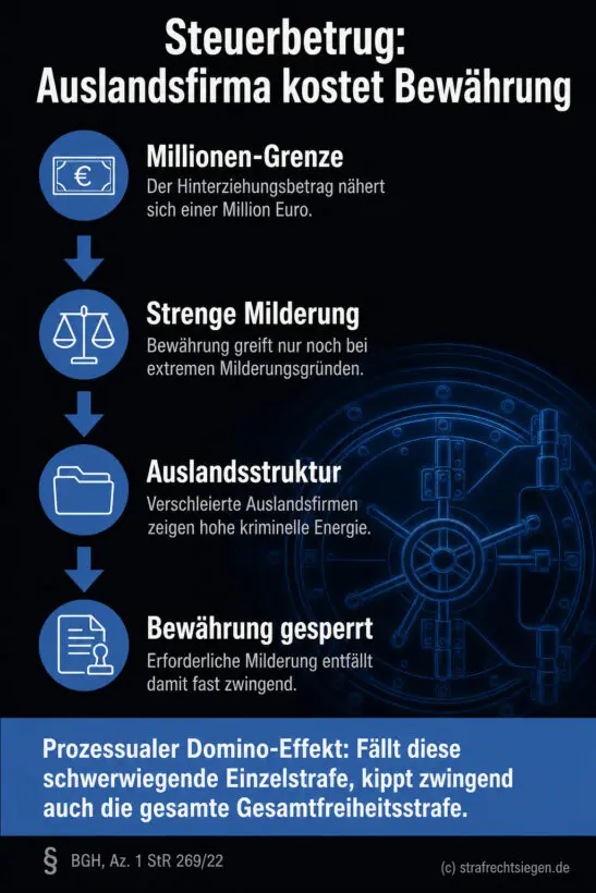 Infografik (Ablauf): Prozesskaskade zeigt, wie Millionen-Steuerbetrug und Auslandsfirmen die Bewährungschance vernichten.