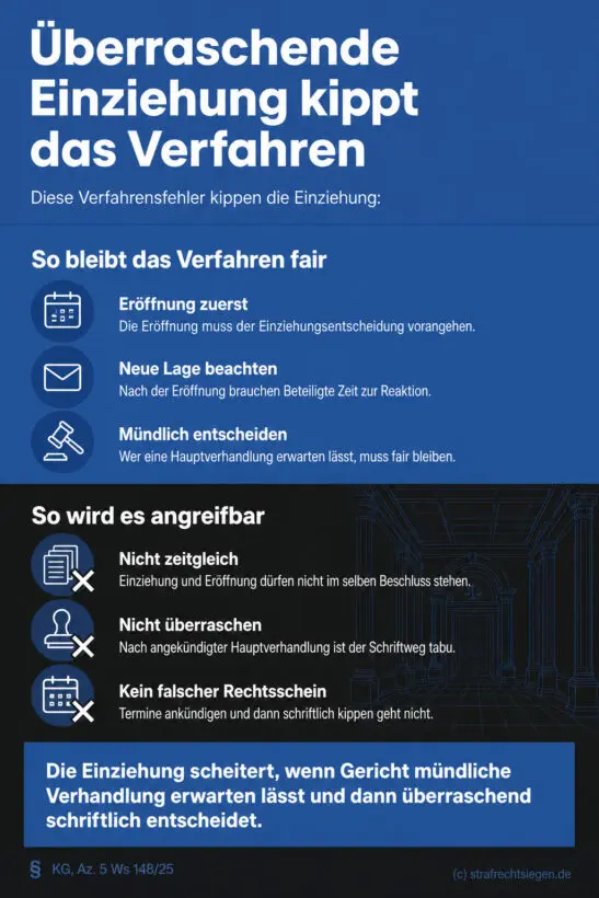 Infografik: Die Einziehung im Strafverfahren ist angreifbar und verletzt das Recht auf ein faires Verfahren, wenn das Gericht erst eine mündliche Verhandlung in Aussicht stellt und dann überraschend per schriftlichem Beschluss entscheidet.