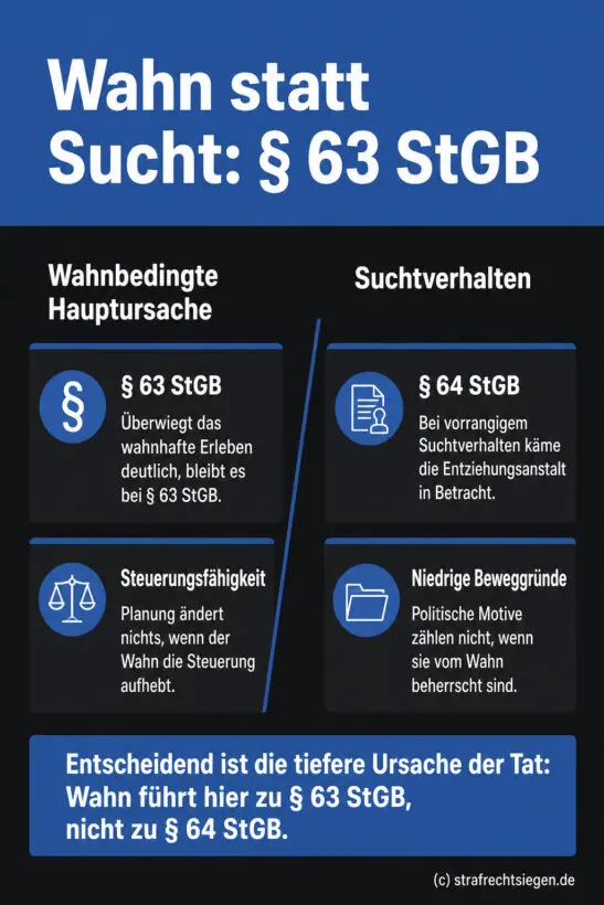 Infografik: Die Abgrenzung zwischen wahnbedingter Schuldunfähigkeit (§ 63 StGB) und Suchtverhalten (§ 64 StGB) bei schweren psychischen Störungen.