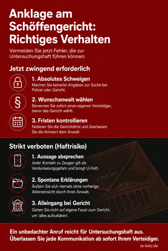 Infografik (Do's und Don'ts): Verhaltensregeln nach Erhalt einer Anklage zur Vermeidung von Untersuchungshaft.